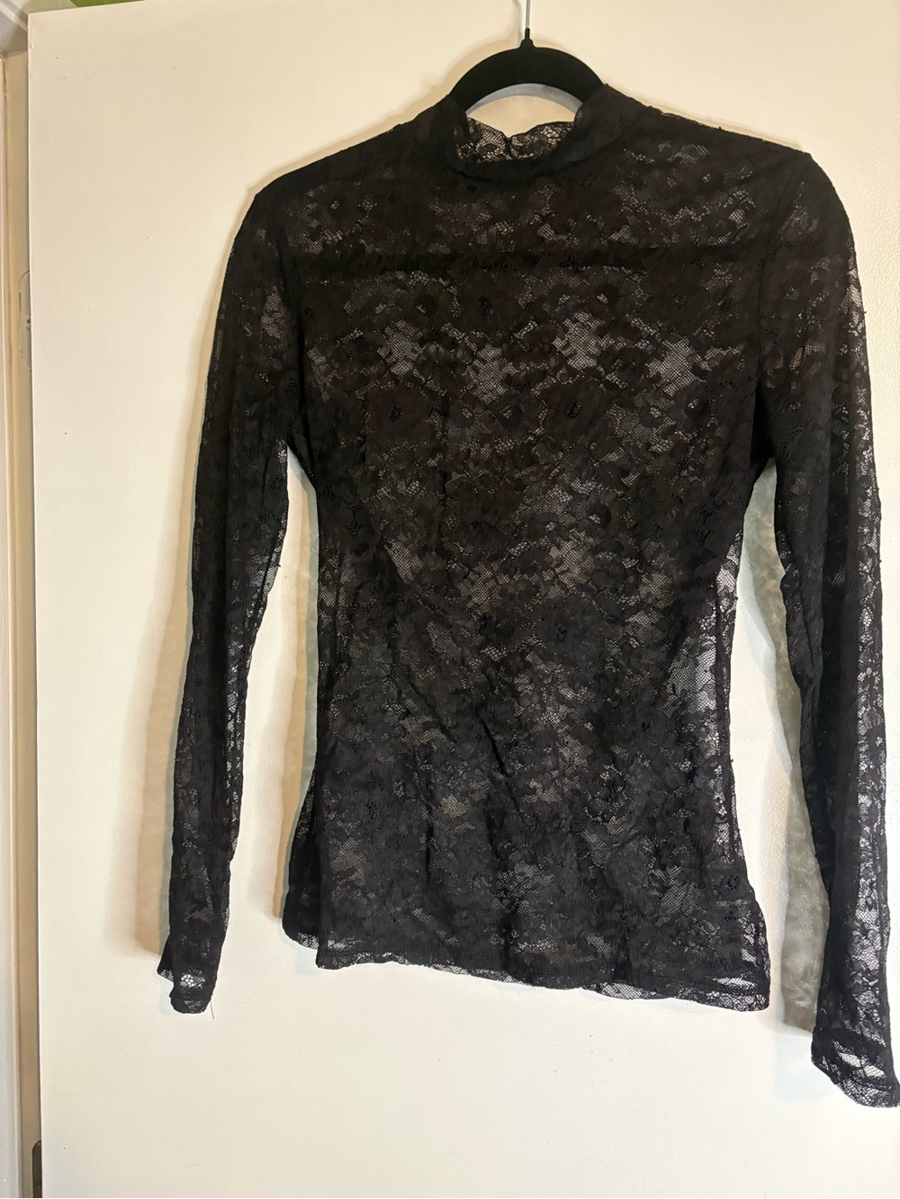 SHEIN Black Sheer Floral Lace Long Sleeve Mock Neck Top